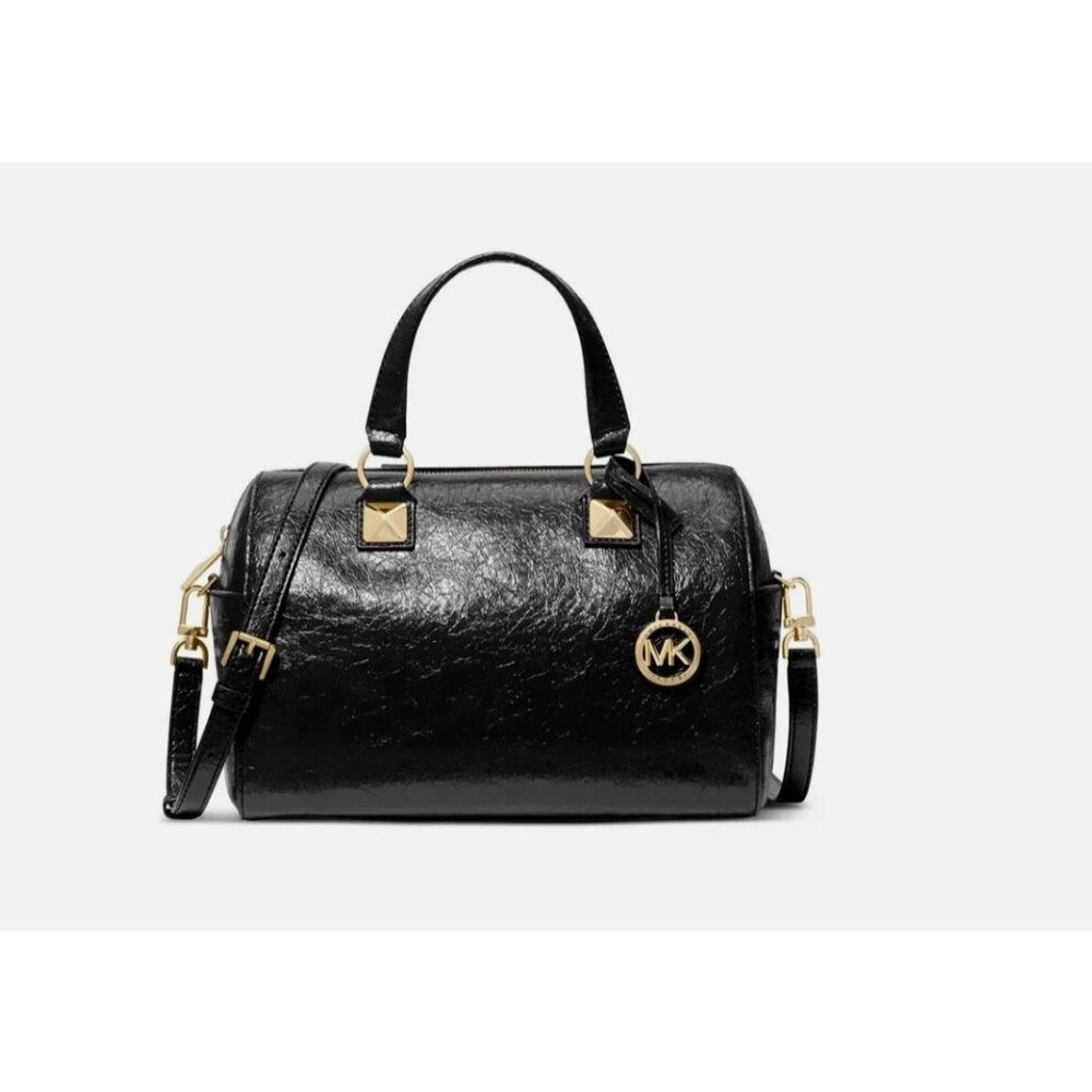 MICHAEL KORS Grayson crinkle faux-leather medium satchel crossbody bag - BLACK